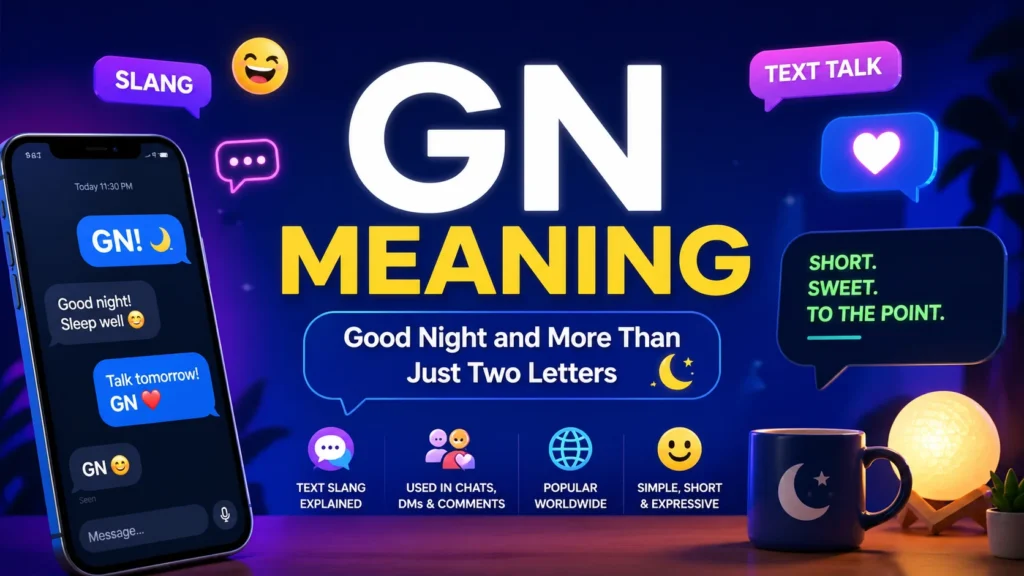GN meaning feature image showing modern text slang with glowing chat bubbles, smartphone messages, emojis, and bold “GN Meaning” text in the center on a vibrant blue neon background.