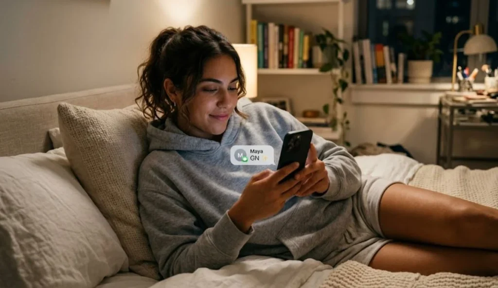 A woman smiling and looking at her phone, with a popup reading Maya GN.