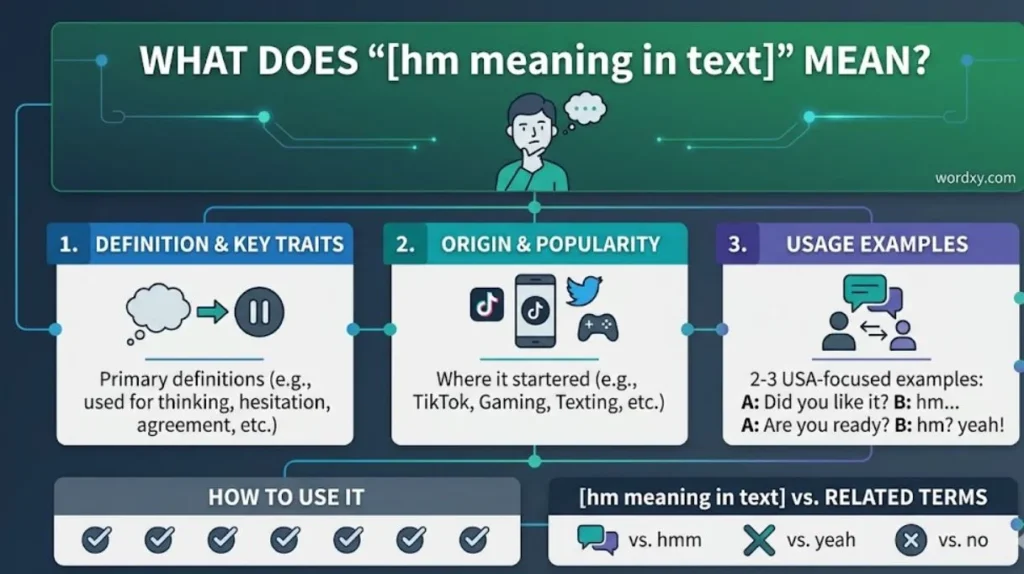 An infographic illustration titled 'WHAT DOES "[hm meaning in text]" MEAN?' with a pensive character. The layout features three numbered panels with icons: Panel 1 covers Definition & Key Traits; Panel 2 covers Origin & Popularity with TikTok and social icons; Panel 3 shows Usage Examples like "hm..." and "hm?". At the bottom are sections for 'HOW TO USE IT' and comparisons against related terms 'hmm,' 'yeah,' and 'no.' The graphic has glowing green and teal data line details.