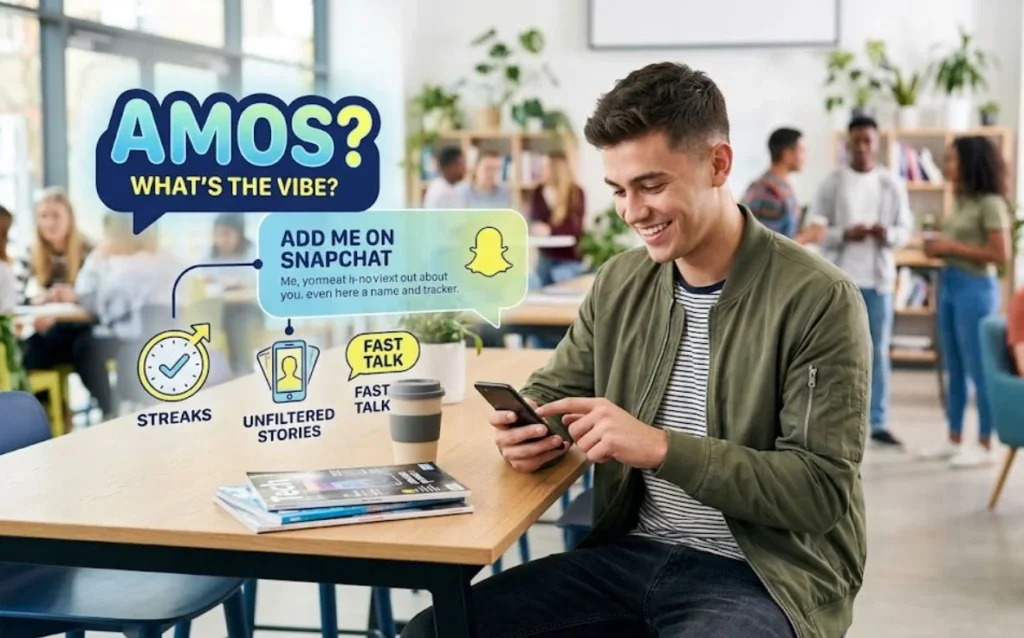 A smiling young man sitting in a modern campus café using his smartphone, with vibrant digital text overlays explaining "AMOS?" as "Add Me On Snapchat" alongside icons for streaks and stories.