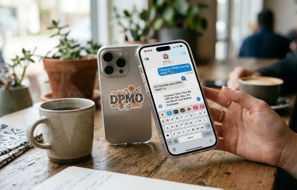 A person holding an iPhone in a cozy cafe, displaying a text conversation that defines "DPMO meaning slang" as "Don't Piss Me Off". The scene includes a second phone with a floral "DPMO" sticker, a steaming coffee mug, and a vibrant, blurred background.