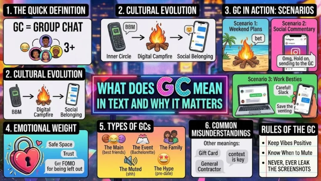 Gen Z-style infographic summarizing 'What Does GC Mean in Text and Why It Matters'. Features 7 sections with a vibrant pop-collage style: 1. Definition (GC=Group Chat). 2. Cultural Evolution (Digital Campfire). 3. Scenarios (Weekend Plans, Social Commentary, Work Besties). 4. Emotional Weight (Safe Space, Trust). 5. Types of GCs (Main, Event, Family, Muted). 6. Common Misunderstandings (Gas Chromatography, Gift Card). 7. Rules of the GC (Keep Vibes Positive, Know When to Mute, NEVER LEAK SCREENSHOTS).