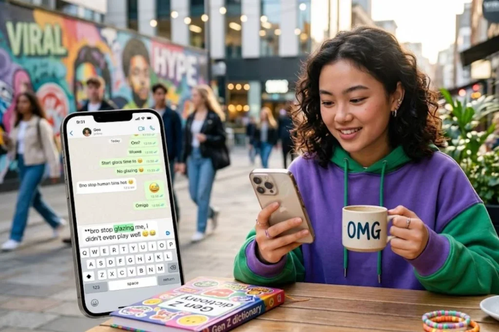 A young woman sitting at an outdoor cafe, smiling at her iPhone which displays a text conversation using the slang "bro stop glazing me". A "Gen Z Dictionary" book sits on the table, representing modern communication and the meaning of glazing in slang.