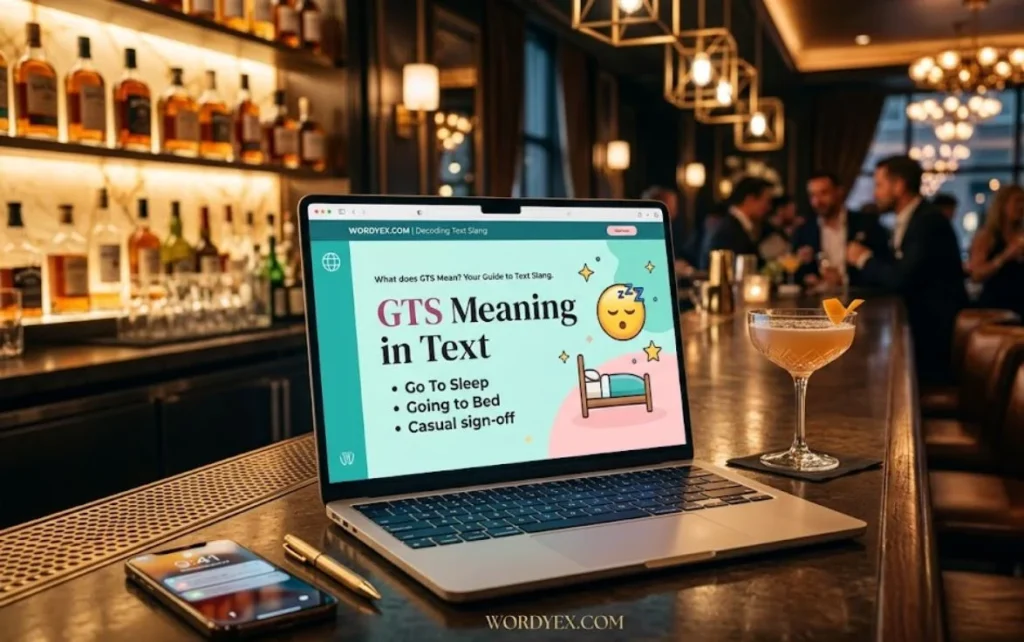 A professional, high-quality photograph of a sleek MacBook Pro resting on a polished wooden counter in a luxury bar or lounge. The laptop screen displays a vibrant website feature for wordyex.com with the headline "GTS Meaning in Text," featuring cute, colorful bed and sleeping emojis. In the background, a warm, upscale atmosphere is visible with glowing shelves of premium bottles, elegant lighting, and blurred figures of people socializing. A craft cocktail in a coupe glass and a smartphone sit beside the laptop, while the wordyex.com logo is centered at the bottom of the frame.