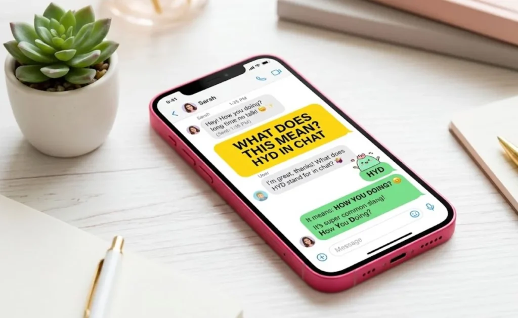 A vibrant image featuring a pink iPhone displaying a text chat that explains the focus keyphrase: hyd meaning in chat.