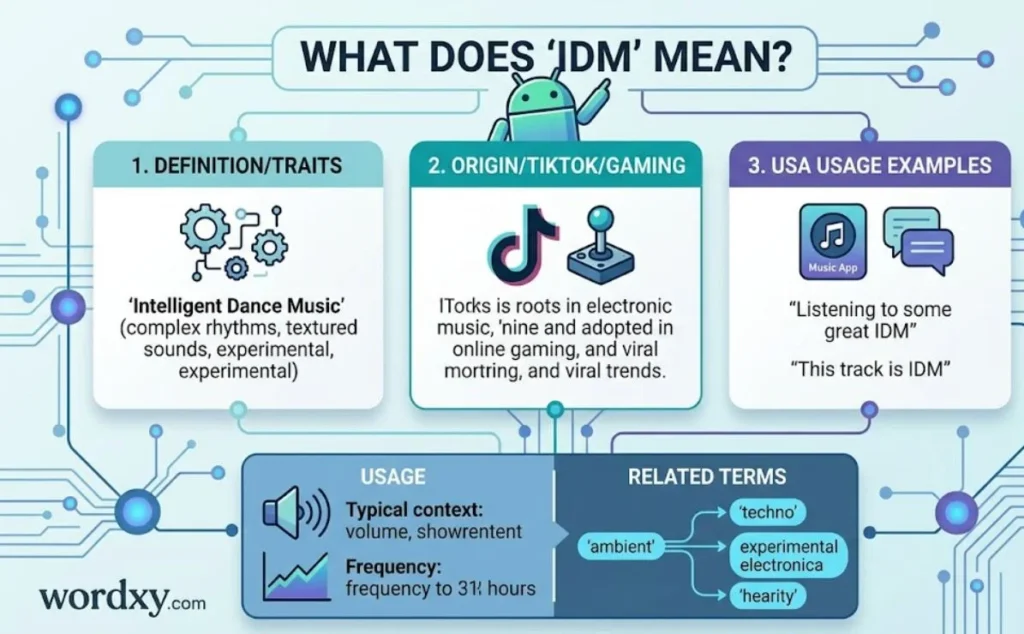A clean and structured infographic for wordxy.com titled "WHAT DOES 'IDM' MEAN? (Text Slang Guide)" which breaks down the definition and usage of the term. The design features a professional digital illustration with a blue and teal palette, centered around a small Android character and three informational panels.
Panel 1 (Definition/Traits): Explains "IDM" as "I Don't Mind," an expression of indifference or a low-key agreement.
Panel 2 (Origin/Context): Notes its common use in casual chats, online gaming, and social media comments to express a chill response.
Panel 3 (Texting Usage Examples): Provides conversational examples like "Yeah, IDM" and "IDM where we eat".
Bottom Section: Displays "USAGE" statistics and "RELATED TERMS" like 'idk', 'nvm', and 'chill', with the wordxy.com logo positioned in the bottom left corner.