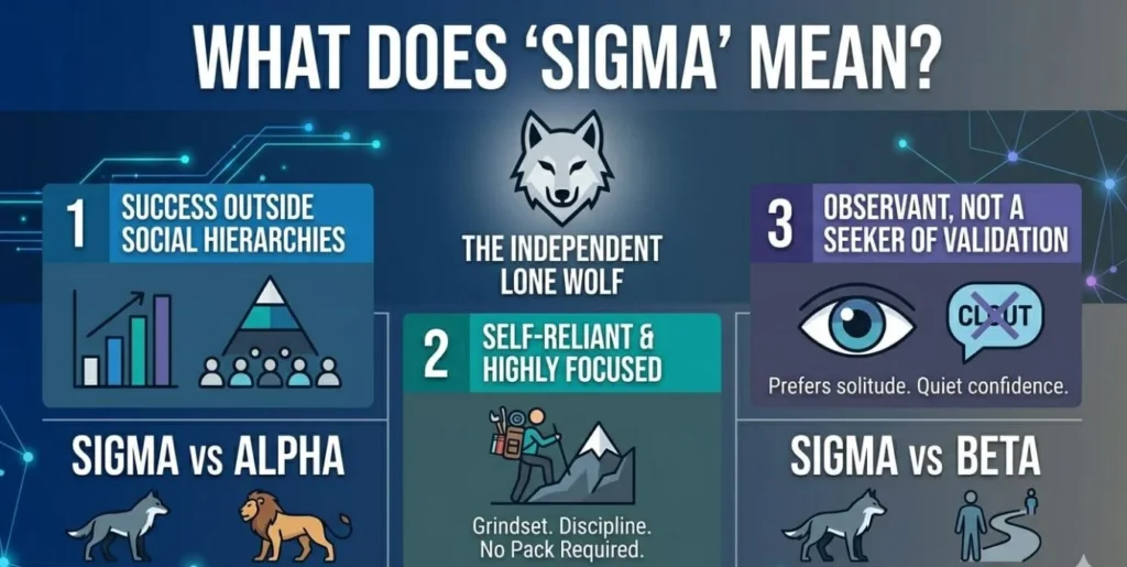 An infographic titled, 'WHAT DOES 'SIGMA' MEAN?' defining the modern slang. Below the title, the subtitle reads, 'THE INDEPENDENT LONE WOLF.'
The image is structured into three numbered panels with clean white text on color blocks and clean character illustrations:
Panel 1 (Blue block) defines the Sigma trait: 'SUCCESS OUTSIDE SOCIAL HIERARCHIES.' An icon of stacked bar charts shows a dominant peak with figures below.
Panel 2 (Teal block) defines: 'SELF-RELIANT & HIGHLY FOCUSED.' An icon of a person climbing a mountain carries a backpack of tools. The text below reads, 'Grindset. Discipline. No Pack Required.'
Panel 3 (Purple block) defines: 'OBSERVANT, NOT A SEEKER OF VALIDATION.' A large, watchful eye icon sits above a speech bubble with an 'X' over the word 'CLOUT'. Text below reads, 'Prefers solitude. Quiet confidence.'
The lower section of the infographic contrasts Sigma with other types:
The left side shows 'SIGMA vs ALPHA' with icons of a lone wolf and a lion leading a pack.
The right side shows 'SIGMA vs BETA' with icons of a lone wolf and a follower following a path.
The entire composition is structured with glowing data lines and interconnected nodes in a clean, digital illustration style, using a color palette of deep blue, teal, charcoal grey, and white text.