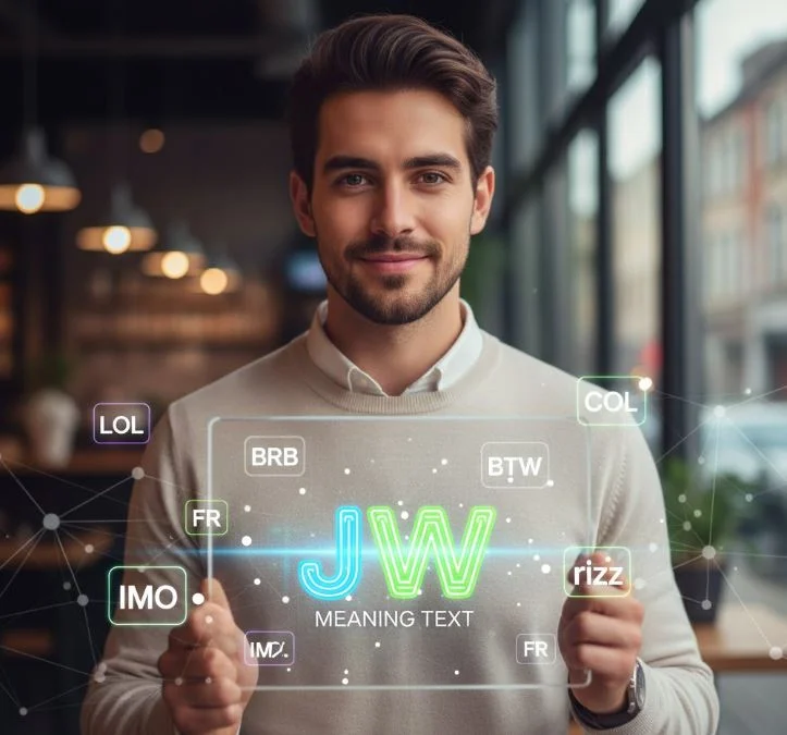 A professional young man in a modern cafe holding a futuristic transparent digital display featuring 'JW' in neon blue and green, surrounded by floating text slang bubbles like LOL, BRB, and rizz."