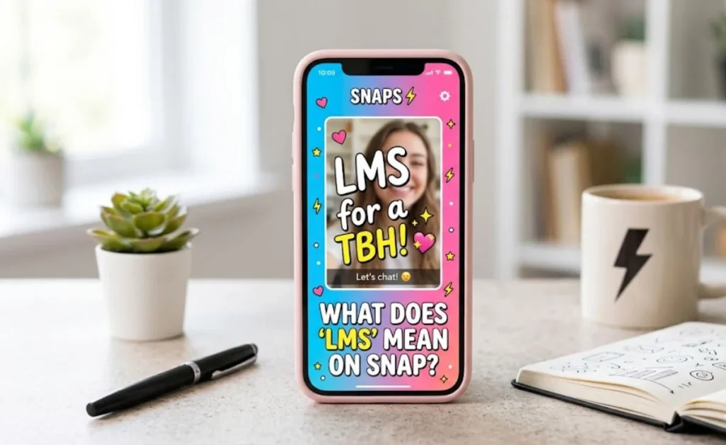 A professional feature image of an iPhone on a desk displaying a colorful Snapchat story with text reading 'LMS for a TBH!' and the title 'WHAT DOES "LMS" MEAN ON SNAP?'.