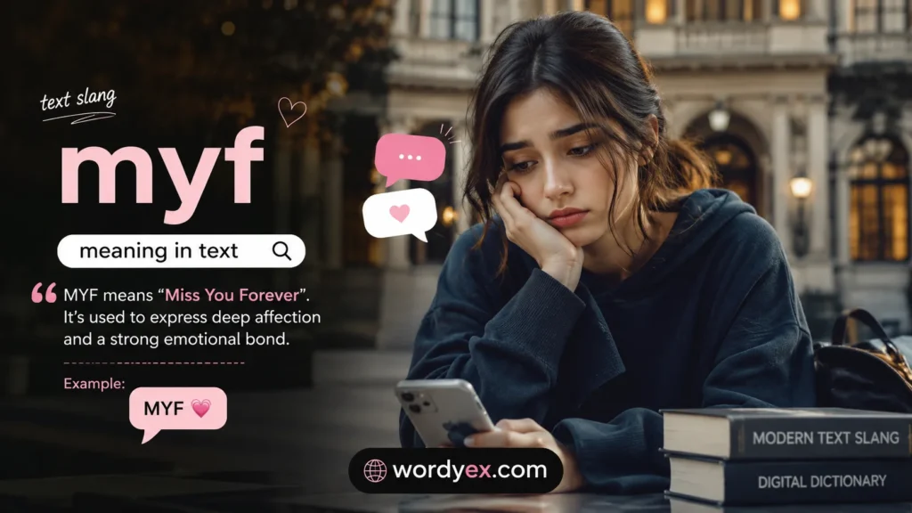 in the image a very sad girl see at the phone and see the text, myf meaning in text