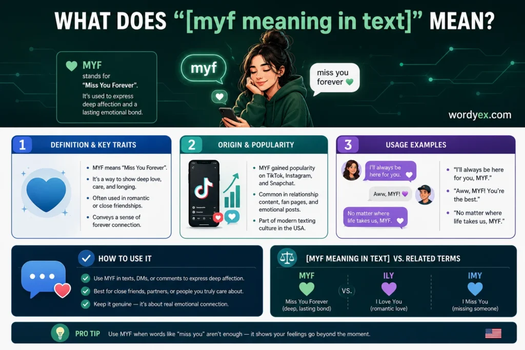 Modern infographic explaining the slang term “MYF meaning in text” with a stylish girl holding a phone on a futuristic teal background. The design includes three colorful sections covering definition and key traits, origin and popularity, and usage examples of “MYF,” along with a comparison to related texting terms like ILY and IMY. The infographic features clean digital illustrations, glowing tech lines, and the Wordyex.com branding.