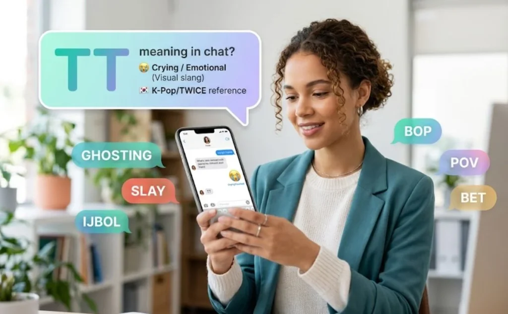 A young woman points to an "INTERNET SLANG DECoded" sign, highlighting a screen showing "TT Meaning: 😭 (Tears)" and modern icons like "LOL" and "DM."