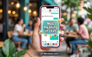 A hand holding a pink iPhone displaying a vibrant, cute text message conversation on screen with the words "NGL meaning in text" inside a stylized chat bubble. The screen is decorated with colorful emojis like hearts, flames, and smiley faces. The background features a softly blurred, modern outdoor cafe scene in the USA with people chatting. At the bottom center, the official "Wordyex.com" logo is cleanly integrated into a subtle dark overlay bar.
