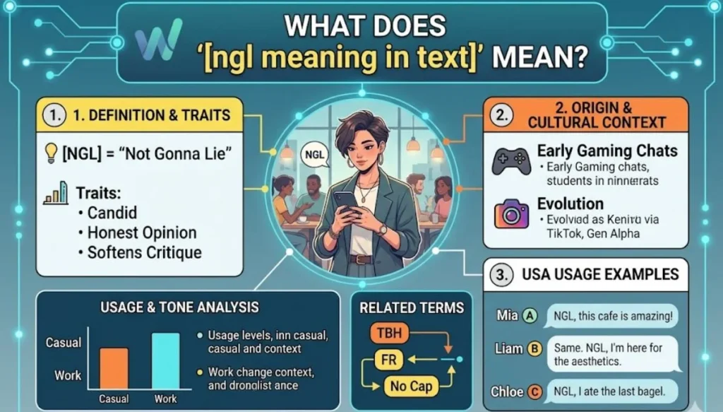 A technical infographic titled "WHAT DOES 'NGL meaning in text' MEAN?" designed for wordyex.com. The cool teal and blue panel features a central character at a coffee shop, connecting to four informational blocks with icons and clean lines. Block 1 defines [NGL] as "Not Gonna Lie," listing traits like "Candid" and "Honest Opinion" with lightbulb and bar chart icons. Block 2 explains the origin in "Early Gaming Chats" and evolution via "TikTok, Gen Alpha," using a game controller and camera icon. Block 3 provides "USA Usage Examples" with text bubble conversations from user Mia, Liam, and Chloe, quoting specific phrases from the article text. Block 4, "USAGE & TONE ANALYSIS," contains a bar chart comparing Casual vs. Work usage levels and includes directional flow arrows showing related terms like TBH, FR, and No Cap. The official wordyex.com logo and URL are at the bottom center.