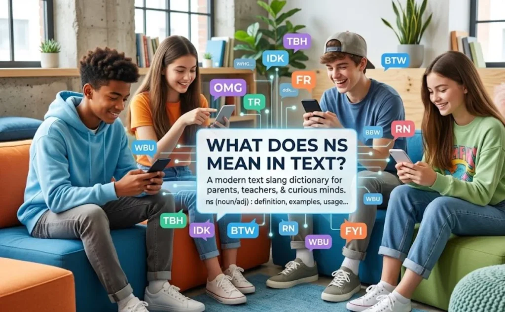 Four teenagers casually engaged with their smartphones, with vibrant speech bubbles displaying popular slang such as "TBH", "OMG", and "RN", and a central text overlay asking "WHAT DOES NS MEAN IN TEXT?".
