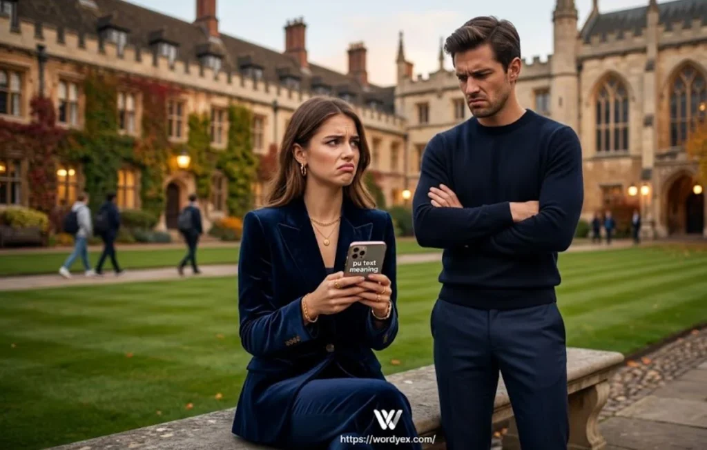 A wealthy, stylish couple on a luxury university campus courtyard displaying expressions of mild disgust and irritation while looking at a smartphone screen, illustrating the concept of the digital text slang "PU."