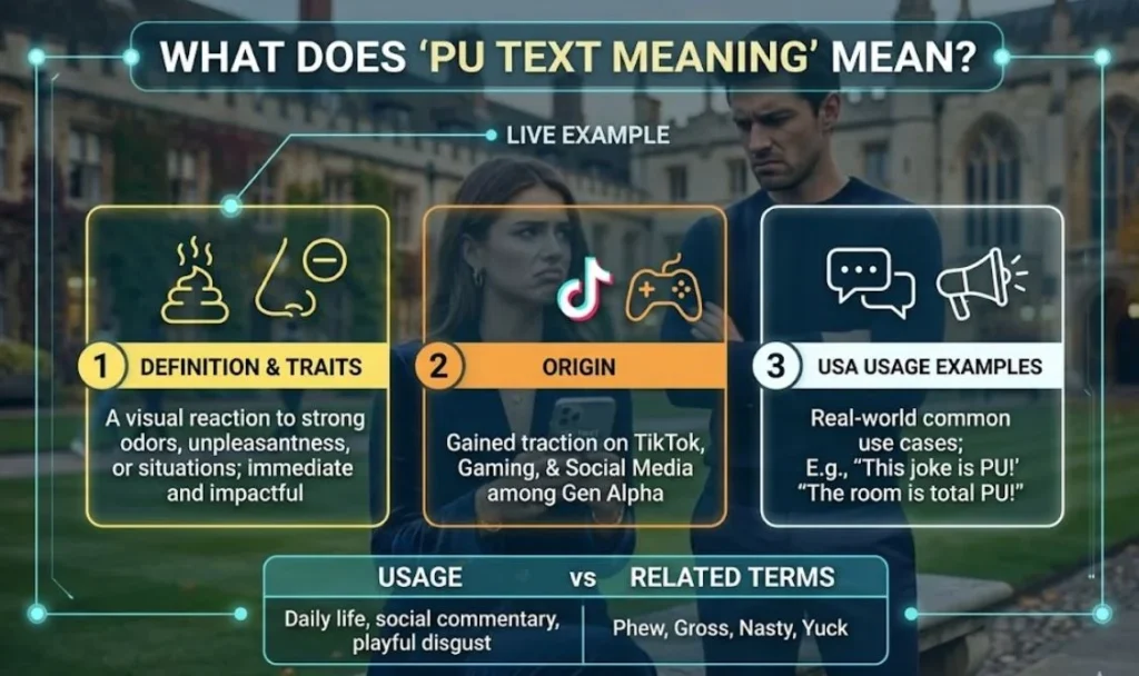 A clean digital slang infographic overlaying an image of a disappointed couple on a luxury college campus, titled "WHAT DOES 'PU TEXT MEANING' MEAN?". The graphic features three numbered panels with glowing borders: panel one highlights "DEFINITION & TRAITS" with icons for a bad smell and a nose; panel two covers "ORIGIN" showcasing TikTok and gaming icons; panel three provides "USA USAGE EXAMPLES" for everyday chat. A bottom comparison bar displays "USAGE vs RELATED TERMS,"