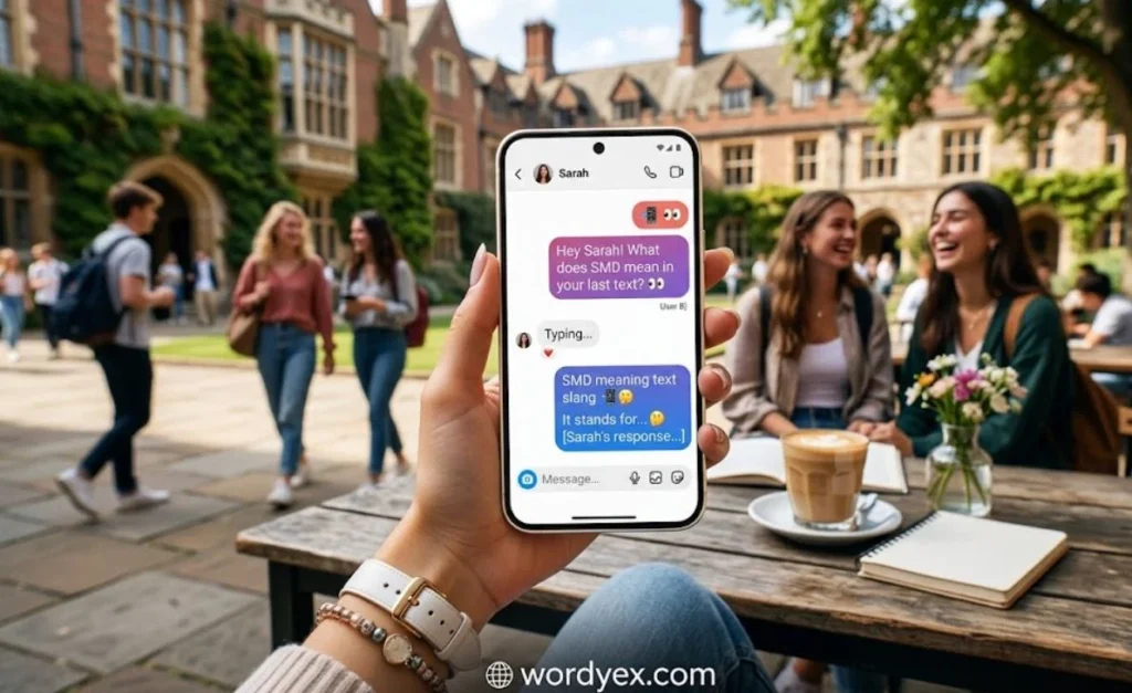 A hand holding an Android phone displaying a chat about SMD meaning text slang on a luxury college campus background with the wordyex.com logo.