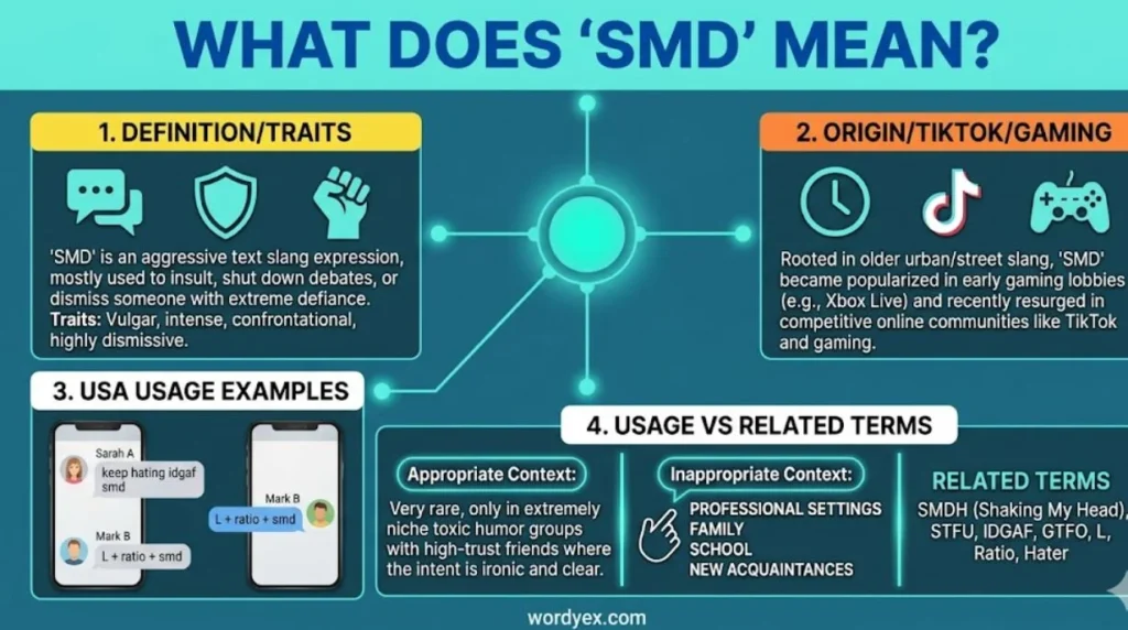 A compact slang infographic for wordyex.com explaining the definition, gaming origin, and USA usage examples of SMD meaning text slang.