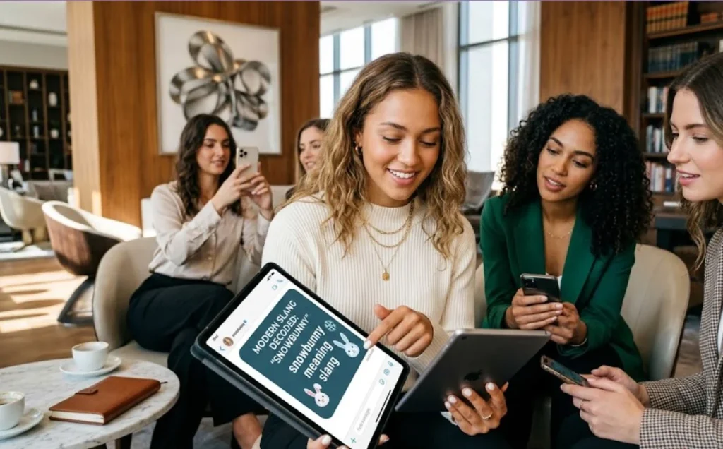 A group of stylish young women in a luxury lounge discussing modern communication trends and the snowbunny meaning slang on a digital tablet.