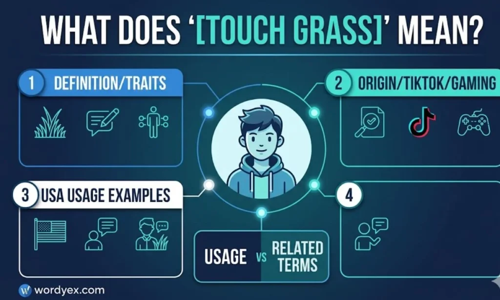 A structured slang infographic for wordyex.com titled "WHAT DOES '[TOUCH GRASS]' MEAN?". The design features a cool blue and teal palette with a central digital illustration of a young man. Three numbered panels detail the definition and traits of the phrase, its origins in TikTok and gaming culture, and real-world USA usage examples with minimalist icons. A bottom block compares usage versus related terms, with the wordyex.com logo in the bottom-left corner.