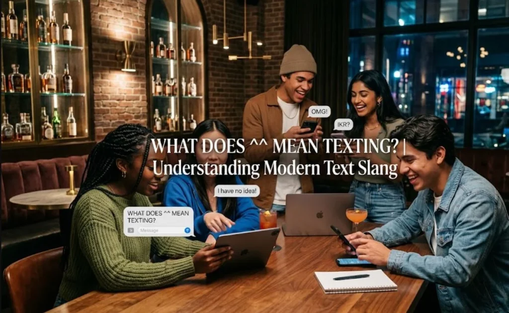 A group of diverse young men and women in a luxury bar setting, engaged with smartphones and a tablet, with the centered text "WHAT DOES ^^ MEAN TEXTING? | Understanding Modern Text Slang" and illustrative digital chat bubbles.