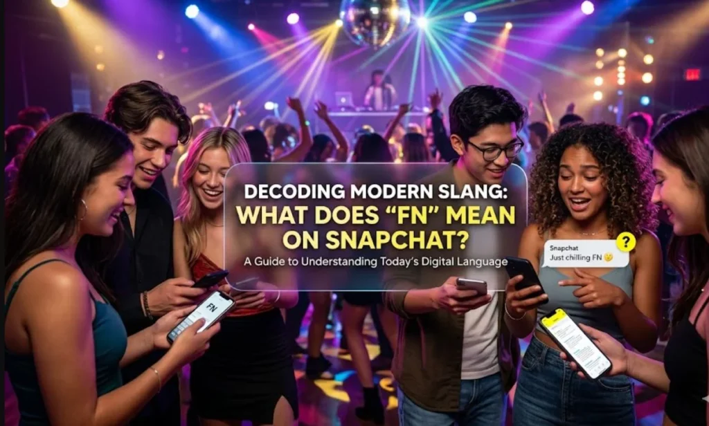 A diverse group of young men and women are gathered at a vibrant disco party, looking at their smartphones with curious and engaged expressions. In the center of the image, a sleek, semi-transparent text box displays the title "DECODING MODERN SLANG: WHAT DOES 'FN' MEAN ON SNAPCHAT?". One girl points to a Snapchat notification on her screen that reads "Just chilling FN". The background features colorful club lights, a disco ball, and a DJ, creating a fresh and modern atmosphere tailored for a blog header.