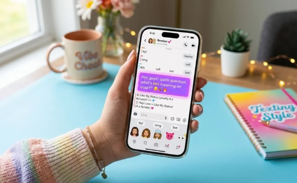 A person's hand holding a modern iPhone displaying a vibrant, stylized messaging interface with the question, "Hyy guys! quick question, what’s lms meaning on snap??", followed by explanatory replies like "Like My Status." The background is a bright, professional desk setup featuring a "Vibe Check" mug, a colorful "Texting Style" notebook, and soft decorative lighting, creating a fresh and trendy aesthetic for a website feature image.
