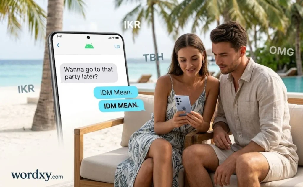 An attractive couple sits on a wooden bench at a luxury beach resort, looking at an Android smartphone that displays a text message conversation featuring the slang term "IDM Mean.". The background showcases white sand, turquoise water, and palm trees, while floating text bubbles like "IKR" and "OMG" surround them, and the "wordxy.com" logo is visible in the bottom left corner, illustrating what-does-idm-mean-text-slang.