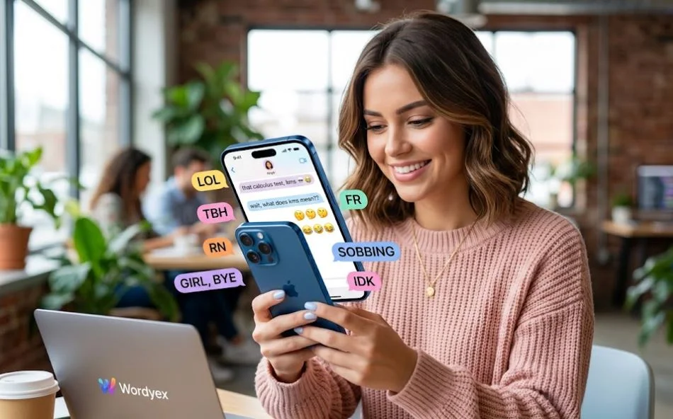 A young woman smiling while looking at an iPhone displaying a text conversation about what does kms mean, surrounded by vibrant 3D social media slang bubbles like LOL, TBH, and FR in a modern office setting.