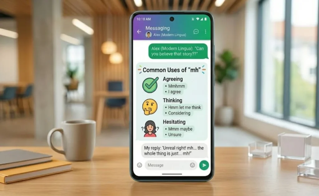 A modern Android smartphone displaying a vibrant messaging interface that explains the texting slang "mh" with icons for agreeing, thinking, and hesitating, set against a professional office background.