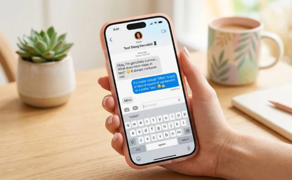 A high-quality professional image of a hand holding an Apple iPhone displaying a chat conversation about what does mhm mean in text in a fresh and vibrant lifestyle setting.