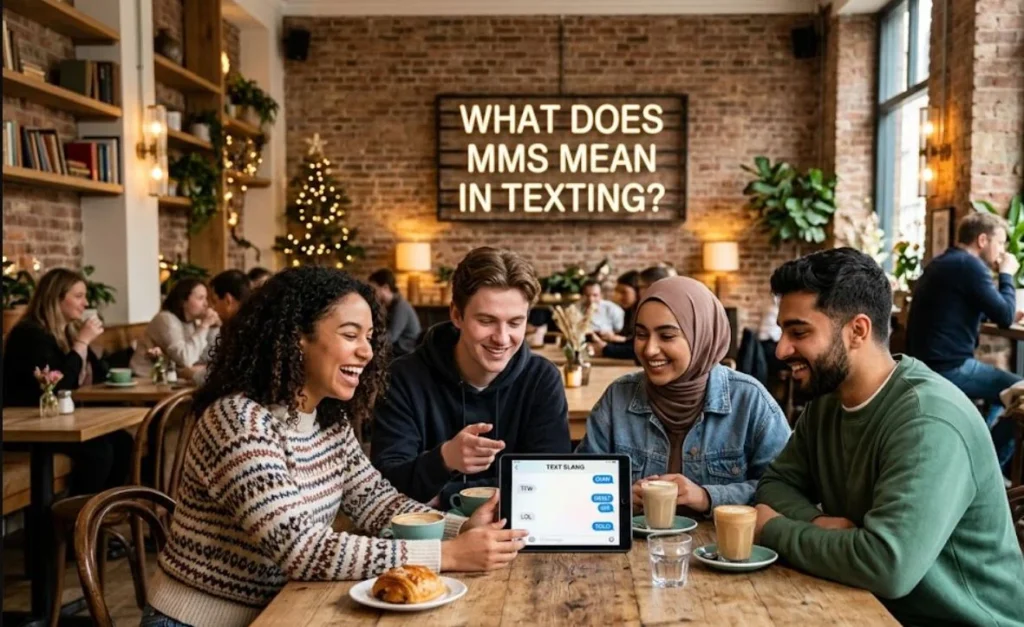 A group of young people laughing at a tablet showing 'text slang' messaging like MMS, with a background sign that reads: "WHAT DOES MMS MEAN IN TEXTING?".