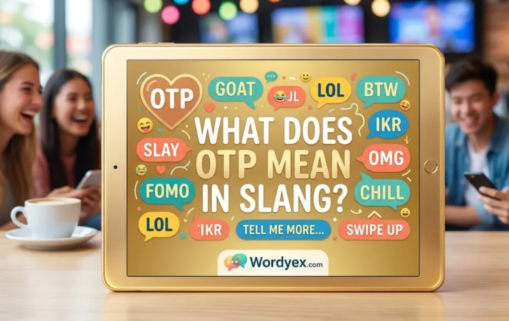 A high-quality, professional feature image for a digital culture website, displaying a beautiful golden tablet sitting on a light wooden table. The tablet's screen features a vibrant, cute, and golden background decorated with playful, colorful text bubbles containing popular internet acronyms like "GOAT," "LOL," "SLAY," and "FOMO." Centered in large, friendly white typography is the question, "WHAT DOES OTP MEAN IN SLANG?" In the bottom center of the screen, the clean and modern "Wordyex.com" logo is clearly visible with a colorful dual-speech-bubble icon. The background features a softly blurred café setting with a group of cheerful young adults smiling and interacting with their smartphones.