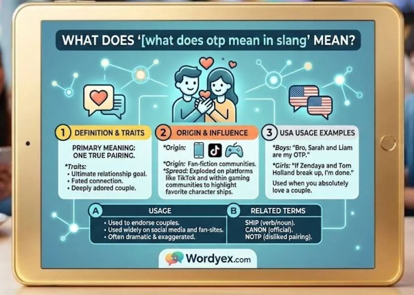 An infographic displayed on a gold tablet screen in a cafe setting, defining the slang term "OTP." The title at the top reads: "WHAT DOES '[what does otp mean in slang]' MEAN?". Below this, there is an illustration of a character thinking with speech bubbles and hearts. Three numbered panels follow with icons and descriptions:

Panel 1 (Yellow Header: "DEFINITION & TRAITS") features a heart and lightbulb icon with text: "Traits: Idealized match, Perfect chemistry, Soulmates."
Panel 2 (Orange Header: "ORIGIN & SPREAD") shows social media icons with text: "Spread: Fan fiction, TikTok, Gaming culture."
Panel 3 (White Header: "USA USAGE EXAMPLES") contains speech bubble icons with text: "used when endorsing a couple, common among Gen Z."

At the bottom of the screen, there are two comparative blocks: "USAGE" and "RELATED TERMS" listing related slang. The wordyex.com logo is at the bottom center. A group of people are blurred in the background.