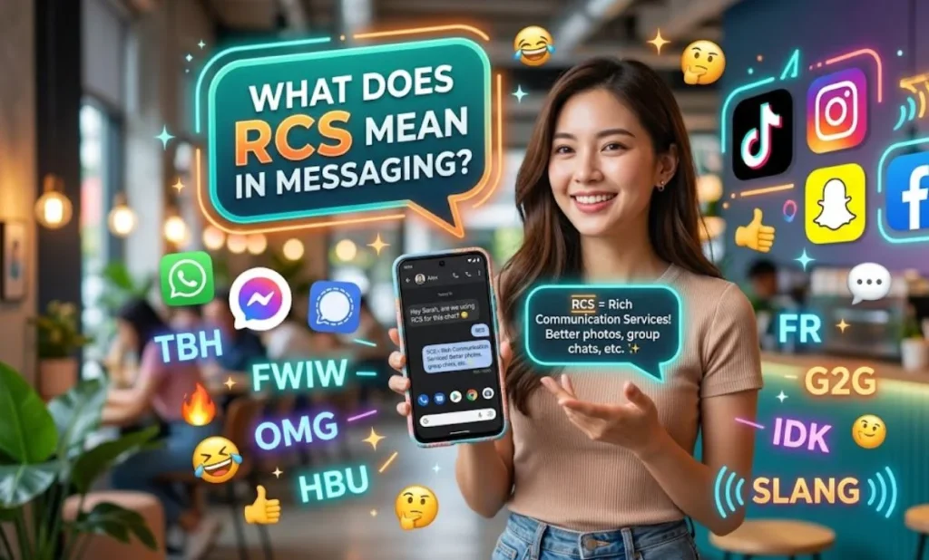 A smiling young woman in a casual cafe holding an Android smartphone and pointing to the screen. Large neon bubbles around her pose and answer the question: "What does RCS mean in messaging?" surrounded by popular app logos like TikTok and Instagram, and text-messaging abbreviations like TBH and OMG.