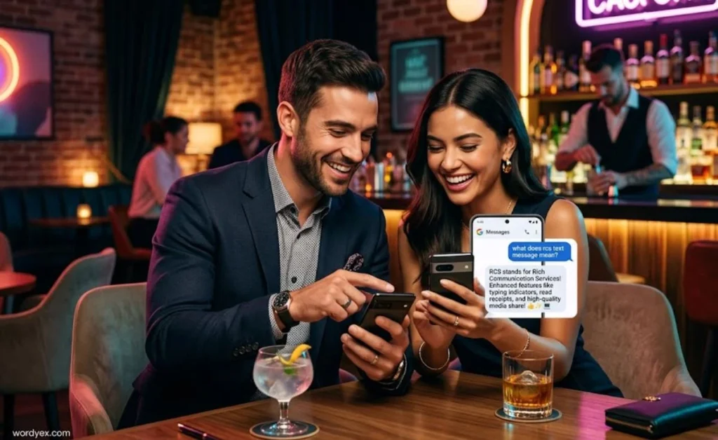a couple sit in a luxury bar and look at the mobile sacreen smiling and show the slang, what does rcs text message mean