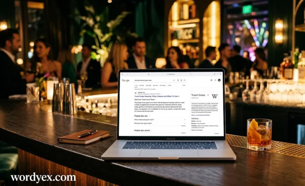 A photograph of a silver laptop computer displaying a Google search result page sits open on a wooden bar counter in a luxury lounge. The laptop's screen shows search results for "what does touch grass mean." To the right of the laptop is an old-fashioned cocktail with an orange twist, and to the left is a brown notebook with a pen. The background is a bustling high-end bar with patrons socializing in ambient, warm lighting with some dynamic color accents. In the bottom left corner, the text "wordyex.com" is visible.