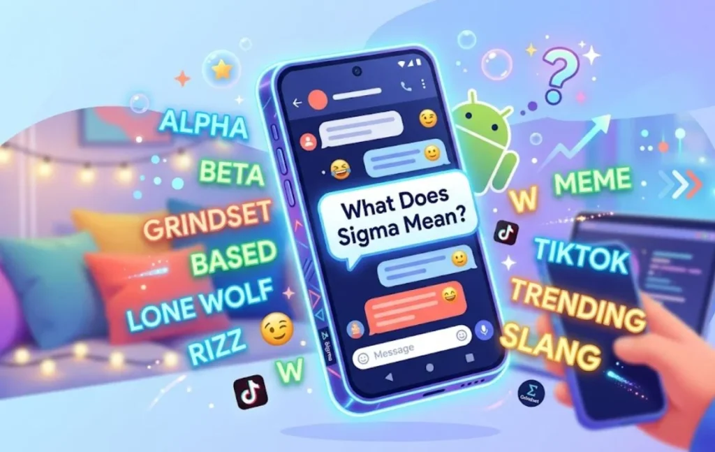 A vibrant, illustrative website feature image showing a glowing Android smartphone floating against a cozy, soft-focus background with pillows and lights. The phone screen displays a messaging app with the prominent chat bubble question: "What Does Sigma Mean?". Surrounding the phone are multiple glowing text labels and icons representing modern internet slang. On the left: ALPHA, BETA, GRINDSET, BASED, LONE WOLF, RIZZ. On the right: MEME, TIKTOK, TRENDING, SLANG. Small TikTok logos and an Android mascot are integrated into the playful design. A hand in the foreground holds a second, smaller device.