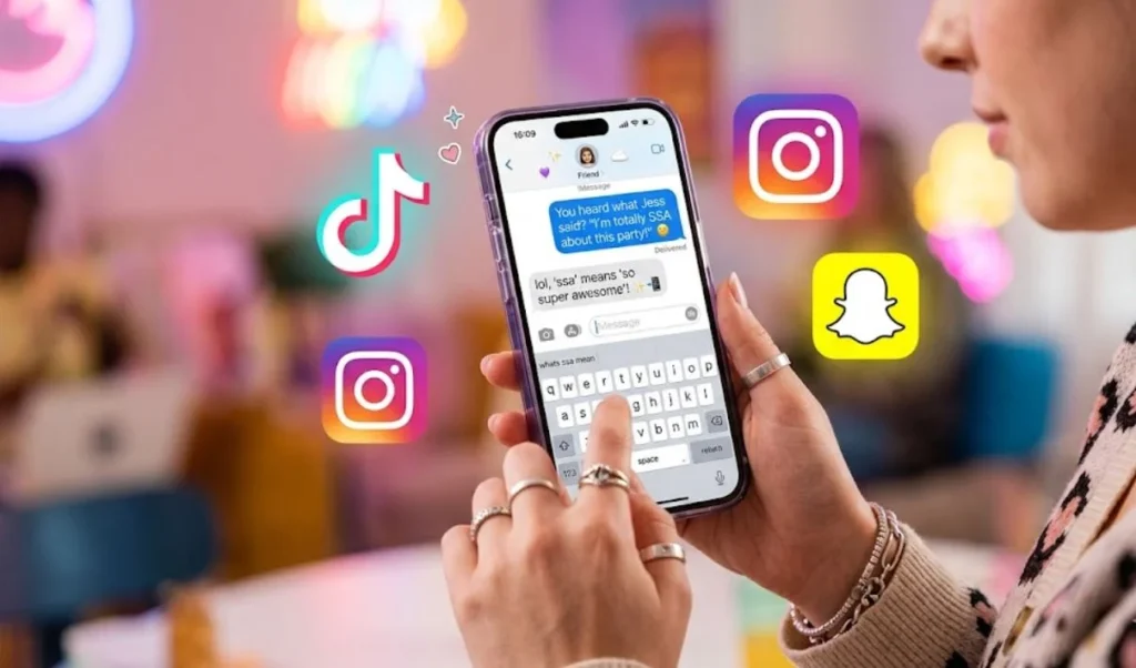 Whats SSA mean feature image showing an iPhone with text slang messages, TikTok, Instagram, and Snapchat icons in a colorful social media background.