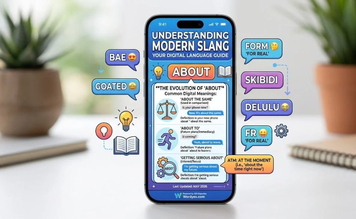 Professional digital dictionary header for Wordyex.com featuring colorful speech bubbles with modern slang terms like LMS, ATP, NS, and Skibidi on a clean blue tech-themed background.
