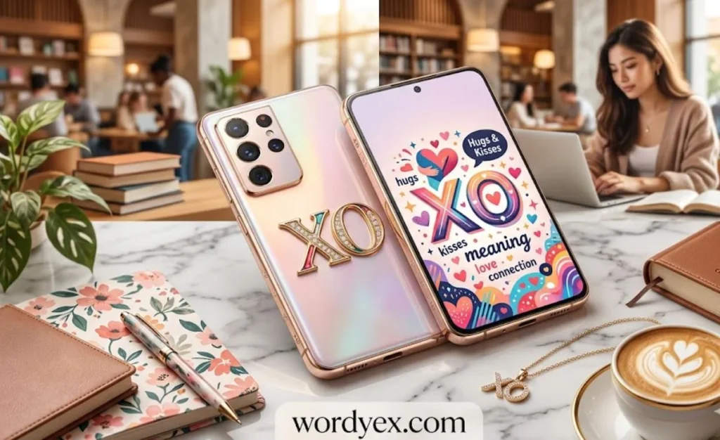 A high-quality 17:10 feature image shows a pair of stylized rose gold smartphones on a marble table against a bustling college campus coffee shop background. The phone on the left displays a large, diamond-studded gold XO emblem on its shimmering pink and gold gradient back cover, with a close-up of its multi-lens camera module. The phone on the right stands upright with its screen showing a vibrant, cheerful illustrated graphic that says "XO hugs & kisses" in bold pink and red lettering, surrounded by colorful hearts, sparkles, and the words "meaning," "connection," "kisses," "love," "hugs," in a creative text and art design. On the table are a floral patterned notebook, a gold pen, a leather journal, a gold and diamond XO pendant necklace, and a coffee latte with a heart latte art pattern in a white cup and saucer, all set against a softly blurred library-cafe scene with students studying. In the bottom center, the word "wordyex.com" is shown in white sans-serif text on a rectangular white tag with rounded corners. The image has a warm, bright, and upscale feel.