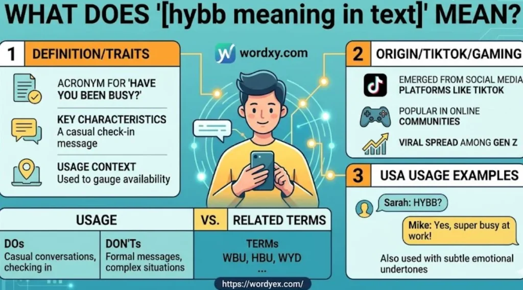 An infographic titled "WHAT DOES '[hybb meaning in text]' MEAN?" featuring a central illustration of a person on a smartphone, with three panels explaining the definition (Have You Been Busy?), its origins on TikTok and social media, and examples of its usage in text conversations, with the wordyex.com logo at the bottom.