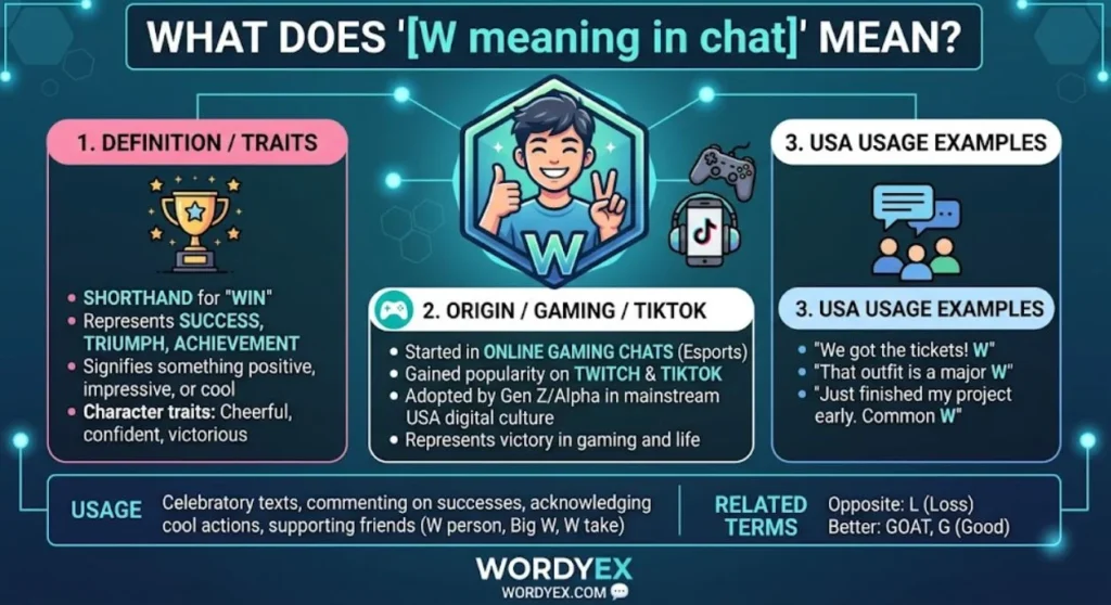 An infographic titled "What does 'W meaning in chat' mean?" featuring a central illustrated character with a thumbs-up. The graphic is divided into three sections: 1. Definition/Traits (shorthand for "Win" and success), 2. Origin/Gaming/TikTok (evolved from esports and streaming culture), and 3. USA Usage Examples (showing sentences like "That outfit is a major W"). The bottom bar provides usage context and related terms, with the WordyEx logo at the bottom center.