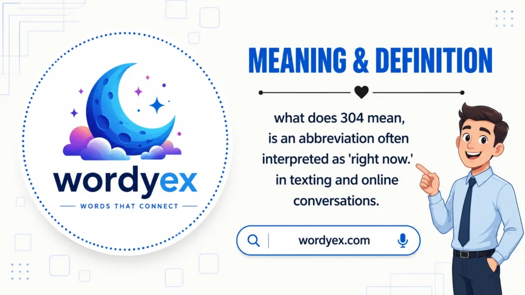 Infographic from wordyex titled 'Meaning & Definition' explaining that the slang 304 is often used as a derogatory term in online conversations, featuring a professional character and the wordyex brand logo."