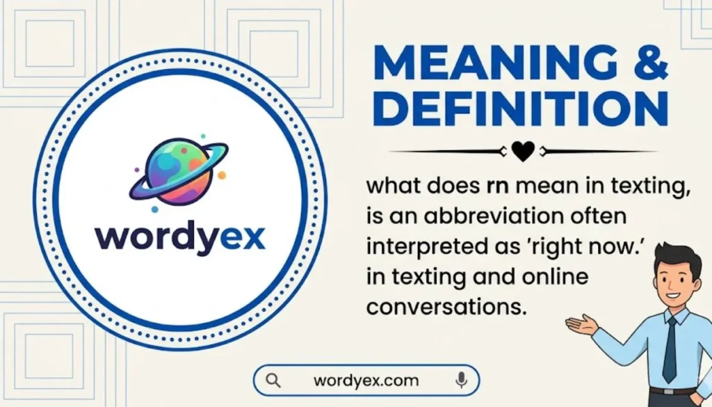 A clean, professional infographic on an off-white background with light blue geometric square patterns. On the left, a circular frame with a blue dotted border contains a colorful planet logo and the text "wordyex." On the right, the bold blue heading "MEANING & DEFINITION" sits above a decorative divider with a small heart. The text below defines "rn" as an abbreviation for "right now" in texting. A cartoon business character in a light blue shirt and tie gestures toward the text, and a search bar for "wordyex.com" appears at the bottom.