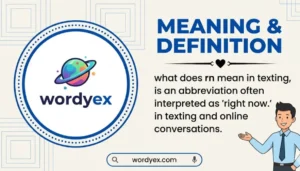A clean, professional infographic on an off-white background with light blue geometric square patterns. On the left, a circular frame with a blue dotted border contains a colorful planet logo and the text "wordyex." On the right, the bold blue heading "MEANING & DEFINITION" sits above a decorative divider with a small heart. The text below defines "rn" as an abbreviation for "right now" in texting. A cartoon business character in a light blue shirt and tie gestures toward the text, and a search bar for "wordyex.com" appears at the bottom.