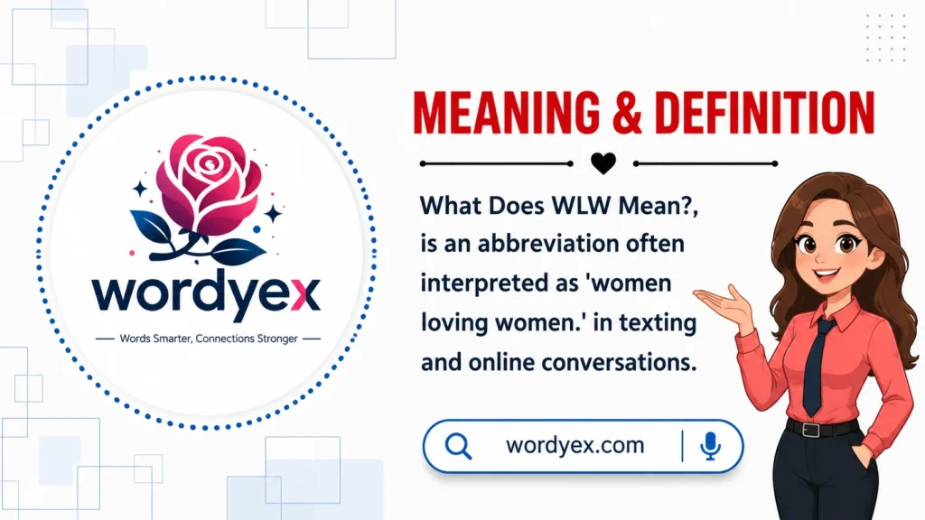 Alt Text: A clean infographic titled "MEANING & DEFINITION" on an off-white background with light blue geometric patterns. A "wordyex" logo appears on the left. The text defines "WLW" as "women loving women" in online conversations. A cartoon woman in a red shirt and dark tie gestures toward the text, and a search bar element is visible at the bottom right.