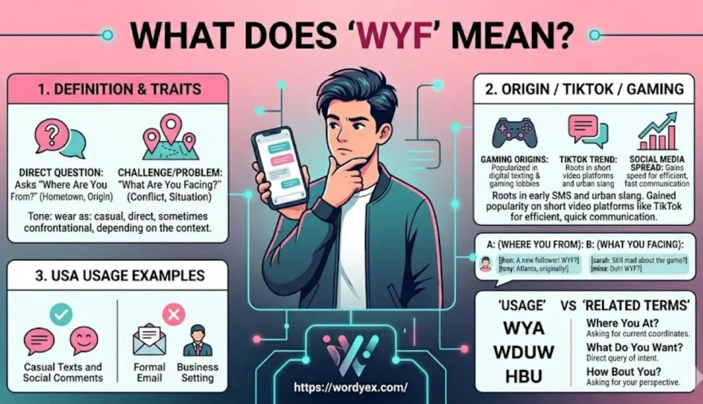 Alt Text: Infographic titled "WHAT DOES 'WYF' MEAN?" featuring a central illustration of a young man holding a smartphone. The infographic is divided into three sections: 1. Definition & Traits (explaining 'Where Are You From?' and 'What Are You Facing?'), 2. Origin/TikTok/Gaming (highlighting digital roots), and 3. USA Usage Examples (showing casual vs. formal context). The layout includes a comparison of 'USAGE' versus 'RELATED TERMS' like WYA, WDUW, and HBU, with the website URL https://wordyex.com/ at the bottom in a pink and teal color scheme.