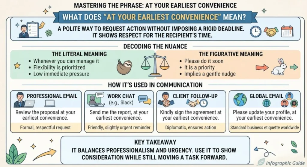 An infographic titled "Mastering the Phrase: At Your Earliest Convenience," explaining that it is a polite way to request action without a rigid deadline. The visual breaks down the literal meaning (flexibility and low pressure) versus the figurative meaning (a priority and a gentle nudge). It includes examples of usage in professional emails, work chats, client follow-ups, and global communication, concluding that the phrase effectively balances professionalism with urgency.